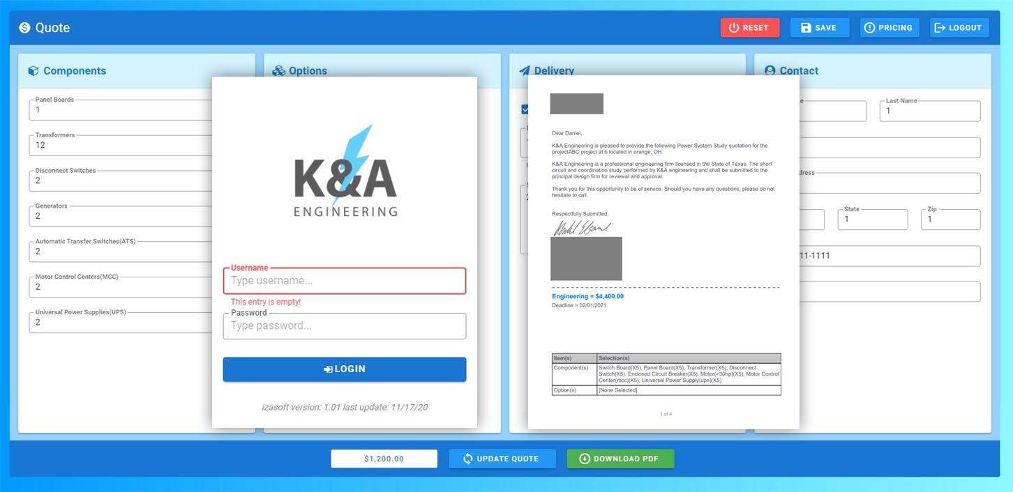 K&A quoting screenshot